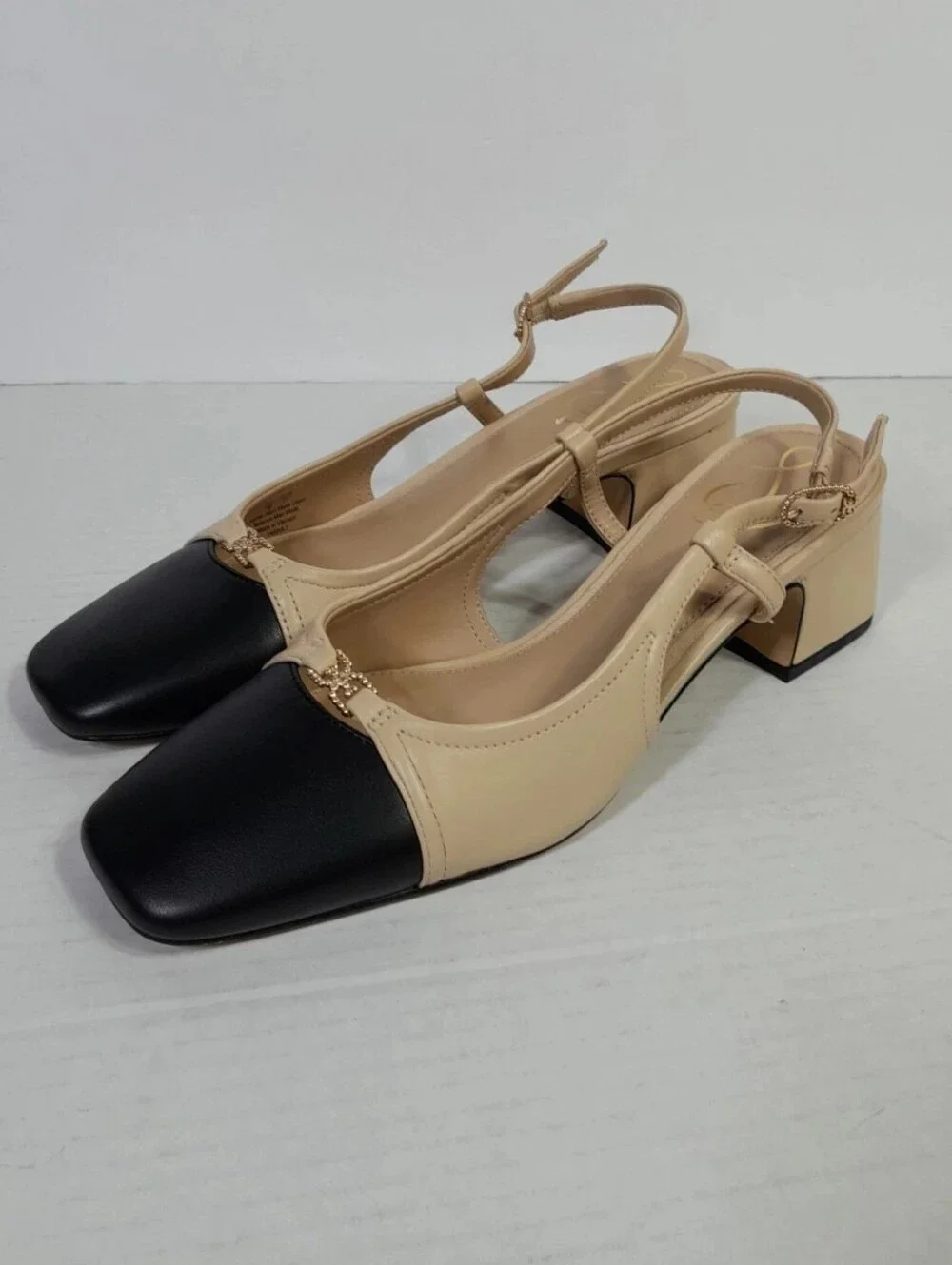 Sam Edelman Kara 2 Slingback Heels Beige Black Women Sz 7 Square Toe - Picture 1 of 8